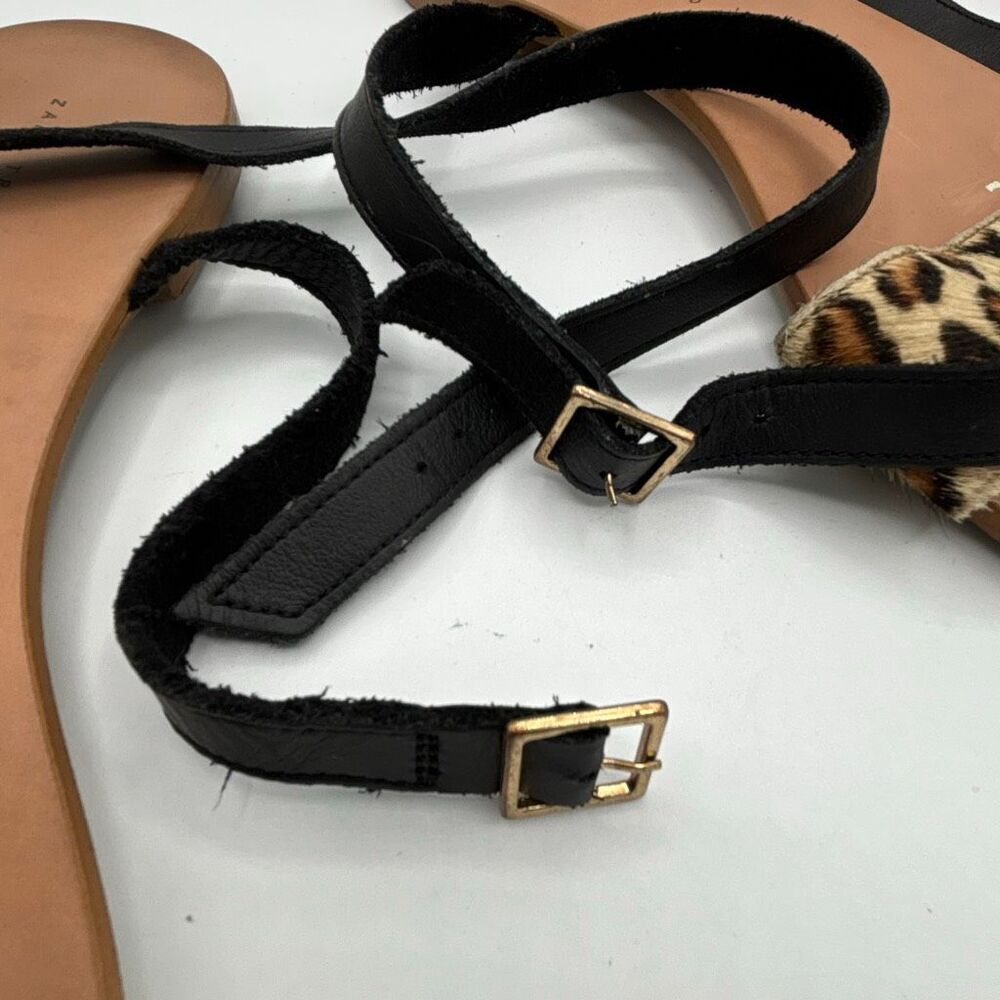 ZARA FLAT LEATHER SANDALS WITH LEOPARD PRINT STRAP SIZE 40 US 10 - Picture 5 of 8